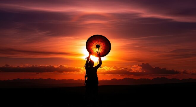 Silhouette of a Native American woman holding a traditional drum against a vibrant sunset sky, representing spiritual connection, indigenous culture, and mindfulness