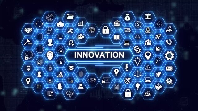 shows glowing neon line banner of innovation concept with icons of responsibility, customers, integrity, goals, teamwork, commitment and innovation on virtual screen. 4k animation on technology.