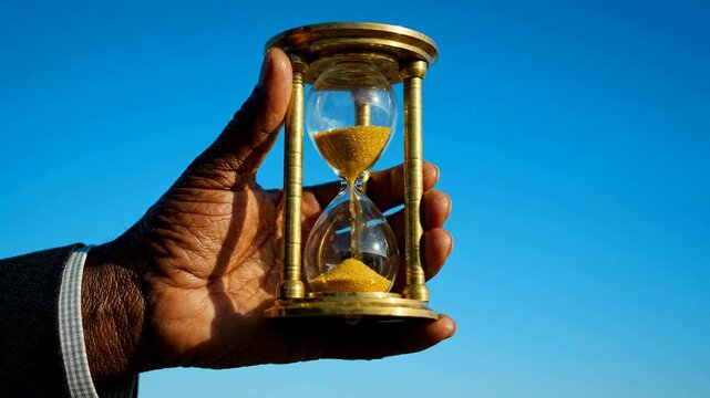 Hand Holds Golden Hourglass Against Vibrant Blue Sky Symbolizing Time Management and Business Deadline Concept