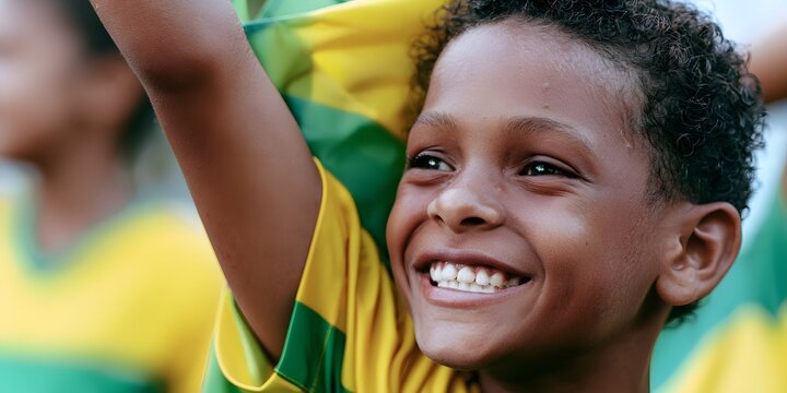 Menino Brasileiro Sorridente e Alegre Vestindo Camiseta Verde e Amarela Comemorando ao Ar Livre