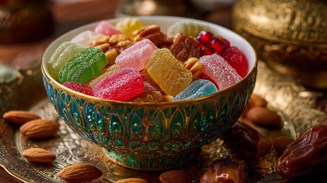 Colorful Turkish Delight in Ornate Bowl