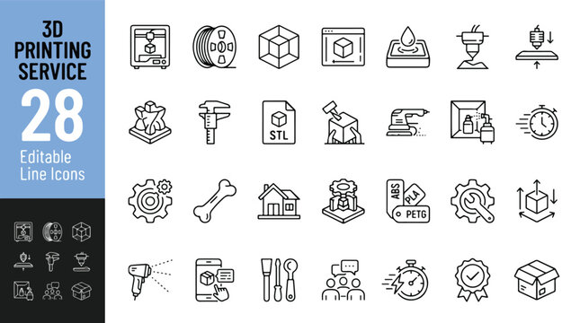 3D printing service web icons in line style. Additive manufacturing, prototyping, filament, 3D printer, material and post processing. Professional industrial outline icon set. Editable stroke vector.