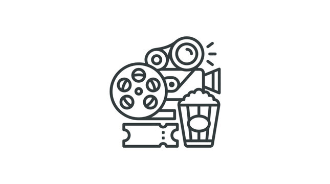 Cinema equipment including film camera reels tickets and popcorn.