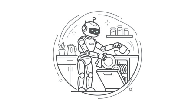 Domestic robot loading dishwasher in modern kitchen setting.