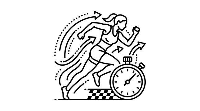 Female runner sprinting towards finish line with stopwatch icon.