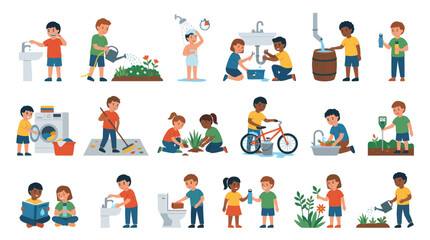 Fototapeta premium Children doing chores and outdoor activities, flat vector illustration