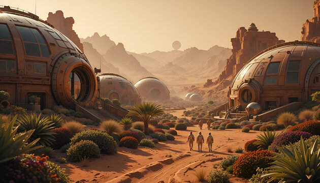 2. A human colony on Mars in 2150, advanced biodomes, red desert landscape, astronauts walking among futuristic gardens, photorealistic, epic sci-fi atmosphere.
