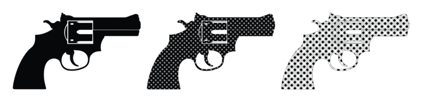 Revolver icon set, three distinct black and white pistol vector illustrations. Classic handgun silhouette for security, crime, or law enforcement concepts.