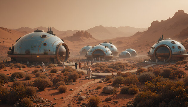 2. A human colony on Mars in 2150, advanced biodomes, red desert landscape, astronauts walking among futuristic gardens, photorealistic, epic sci-fi atmosphere.
