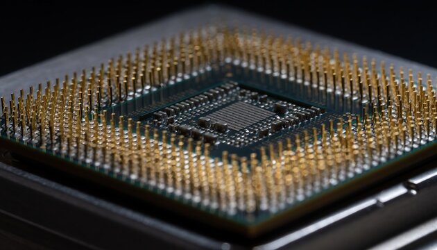 Macro Shot of Computer Processor CPU with Gold Pins on Dark Background
