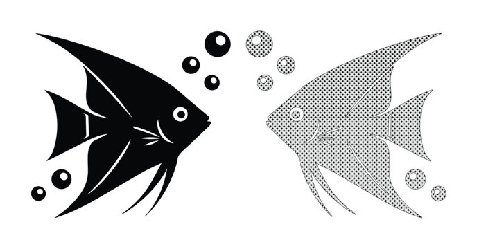 Stylized black and white angelfish vector illustration, two tropical fish with air bubbles, elegant aquatic life graphic design element, clean minimalist ocean animal icon set