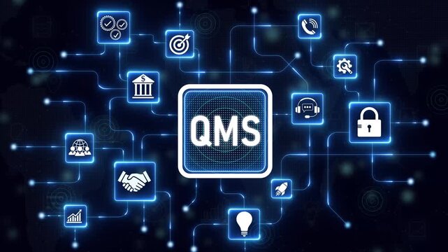 Abstract Hud knowledge ability business gear icon, abstract line concept. Abstract glitter text QMC business concept on the world map icon with alpha channel. 4k motion Technology and network concept