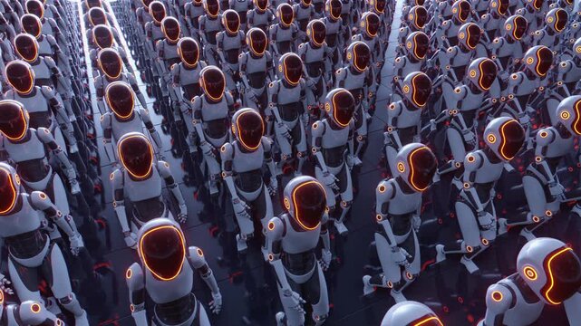 Endless 3d animation loop of a futuristic humanoid robot army walking together. Concept of mass automation, artificial intelligence taking over and technology workforce in a sci-fi cyber world.