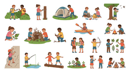 Fototapeta premium Children enjoying outdoor activities like camping, fishing, hiking, and nature exploration