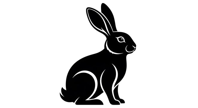 A black silhouette of a sitting rabbit with white highlights on a plain white background