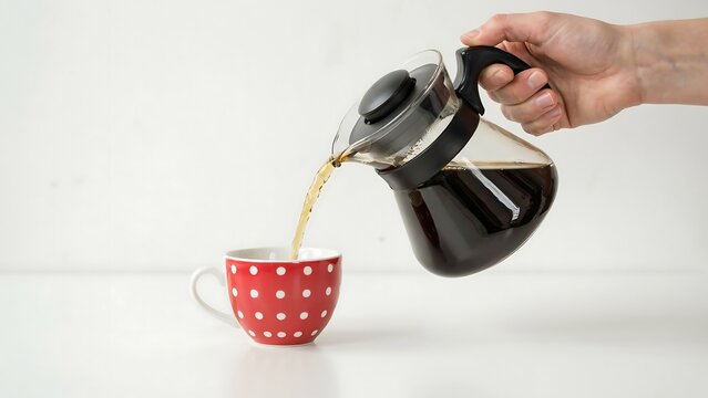 A hand pouring coffee from a glass pot into a red cup with white polka dots on a table.