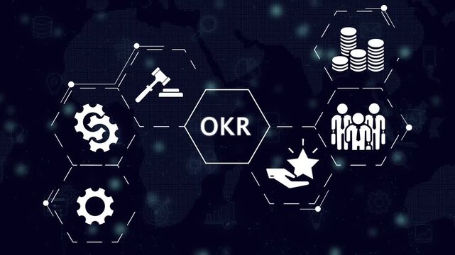 Digital animation of OKR abbreviation and business concept icons 4k isolated on transparent background.