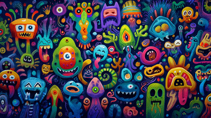 Fototapeta premium Vibrant Neon Monster Doodles Pattern