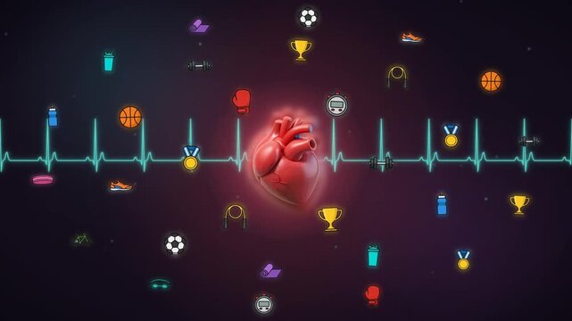 Beating anatomical heart with ECG pulse line and sports fitness icons for cardio health