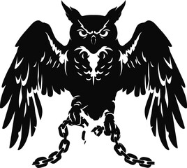 Obraz premium Black and white vector illustration of an angry owl breaking chains of captivity.