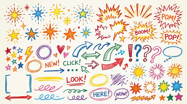 Hand-drawn colorful doodle elements like stars, explosions, arrows, and question marks for graphic design