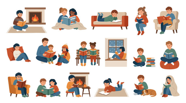 Flat Vector Illustration of People Reading Books. Cozy Scenes with Diverse Readers for Education  Lifestyle.