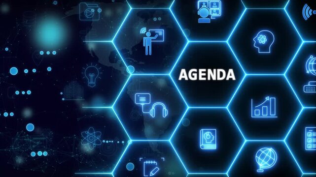 Agenda meeting appointment activity information concept. List of meeting activities in the order to be taken up, beginning with the call to order, ending with adjournment. 4K animated on transparent.