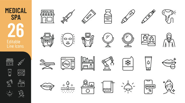 Professional medical spa web icons in line style. Dermatology, botox, laser, facial, and skincare treatment collection. High quality aesthetic medicine outline icon set. Editable stroke vector bundle.