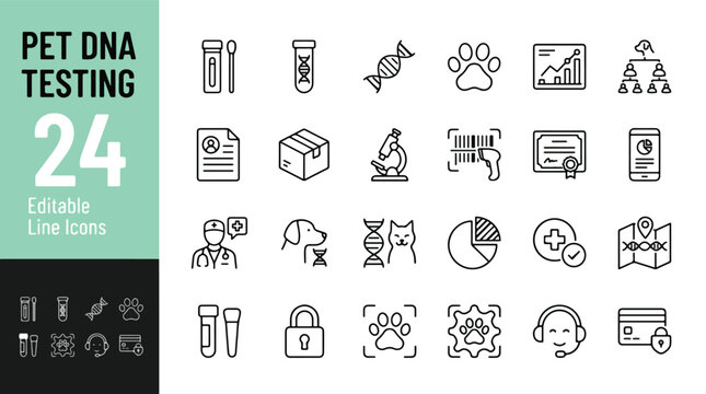 Pet DNA testing web icons in line style. Animal genetics, breed identification, health screening, ancestry, and medical lab collection. Professional veterinary outline icon set. Editable stroke.