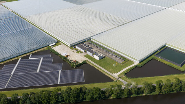 Aerial view of a large greenhouse complex with a floating solar panel array in a pond, surrounded by green fields and trees in Middenmeer, North Holland, Netherlands.