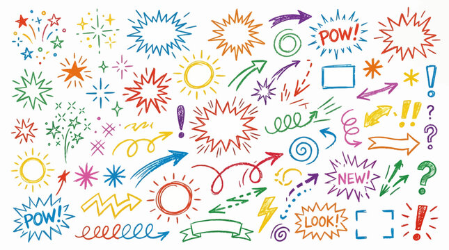 Colorful Hand-Drawn Comic Book Elements Explosions, Arrows, Stars, and Speech Bubbles