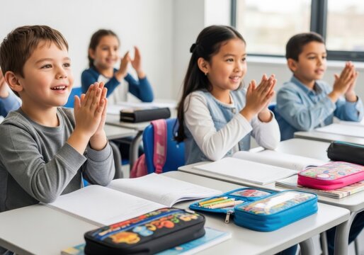 A group of happy elementary school children clapping their hands in a classroom