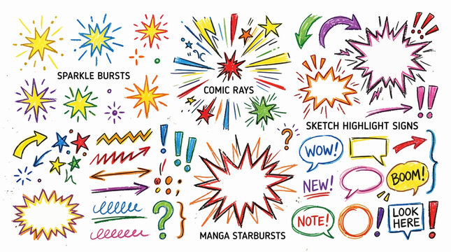 Explosion Speech Bubbles, Comic Book Style, Starbursts, and Sparkle Bursts, Hand Drawn
