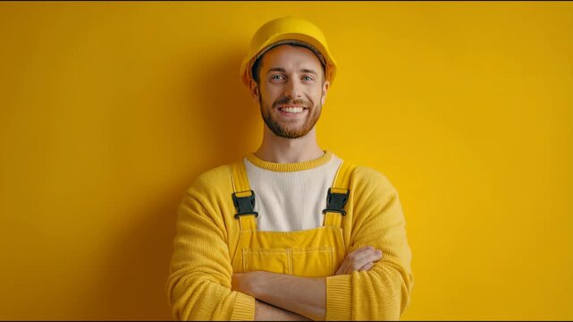 Cheerful handyman in a hard hat and overalls laughing heartily with his arms crossed
