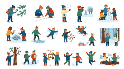 Fototapeta premium Flat Illustration Kids Winter Activities Set. Children Playing Outdoors, Exploring Nature, Sledding Building Snowman.