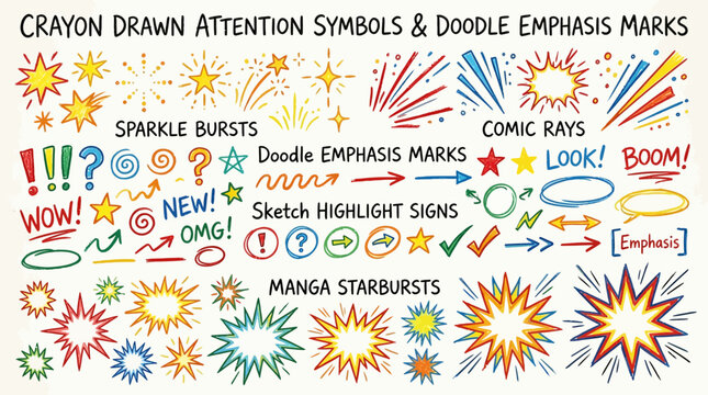 Collection of colorful hand-drawn cartoon attention symbols, doodle emphasis marks, and manga starbursts for design
