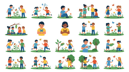 Fototapeta premium Kids Observing Butterflies and Nature Study Flat Vector Illustration Collection for Early Childhood Education
