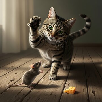 A curious cat with one paw raised faces a standing mouse beside a cheese piece on wooden floor