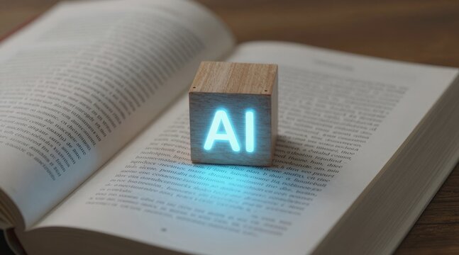 Open book and AI symbol representing AI assisted learning, knowledge discovery, research support, digital learning and the transformation of human knowledge in the AI era