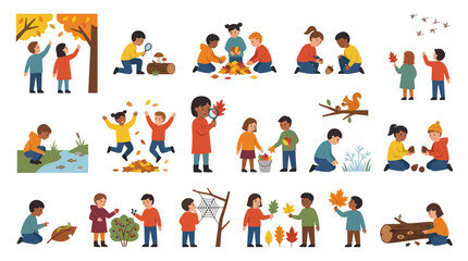 Fototapeta premium Happy Kids Autumn Outdoor Activities Flat Vector Illustration Collection. Children Playing with Leaves, Exploring Nature