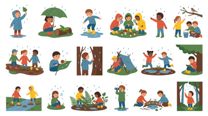 Naklejka premium Children Playing Outdoors in the Rain, Fun Activities, Flat Illustration