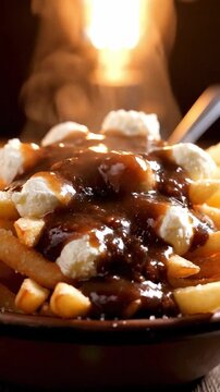 Cinematic View Of Hot Poutine With Gravy Melting Cheese Curds Over French Fries And Steam Rising