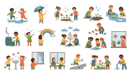 Fototapeta premium Children Playing in Nature and Weather Elements - Flat Illustration