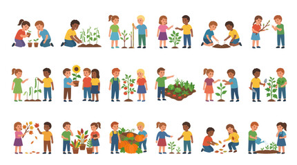 Fototapeta premium Children Gardening Planting Nature Vector Art - Diverse Kids in Spring Season Activities