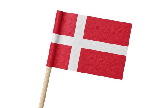 Danish flag on a wooden stick isolated on white background