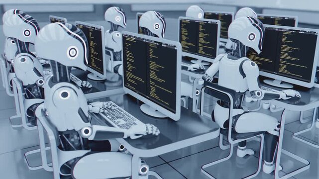 Endless 3d loop of futuristic humanoid robots working at computers. Concept of mass production, factory automation, robotics industry and advanced technology workforce in a sci-fi warehouse