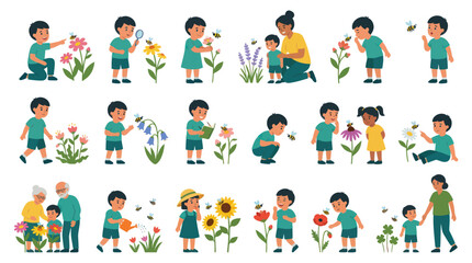 Fototapeta premium Flat Vector Illustration of Kids Learning About Nature: Children, Flowers, and Bees in Educational Outdoor Activities