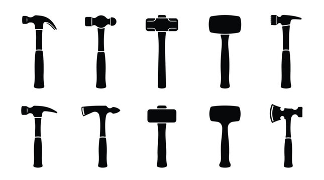 Industrial hammer silhouette icons, set of 10 professional construction tools, black vector mallet and sledgehammer symbols for carpentry and repair