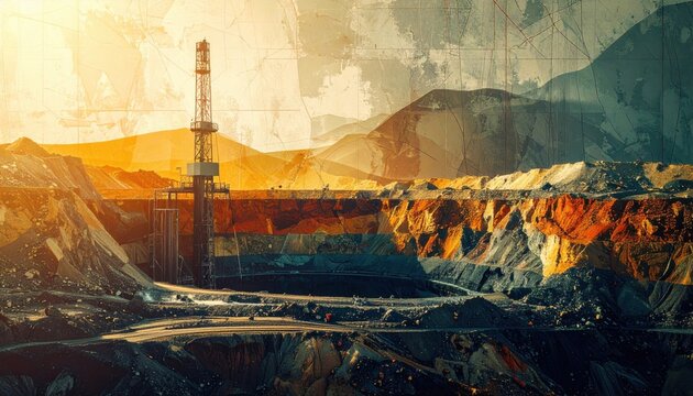Vast open-pit mine with a towering drilling rig amidst colorful stratified earth layers under warm sunlight, showcasing industrial extraction operations and raw geological power.