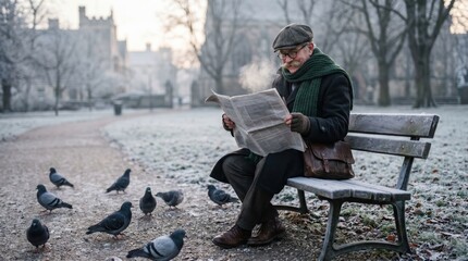 Fototapeta premium Older man sitting on park bench reading newspaper among pigeons on frosty morning path, wrapped in coat and scarf with visible breath creating quiet contemplative winter scene